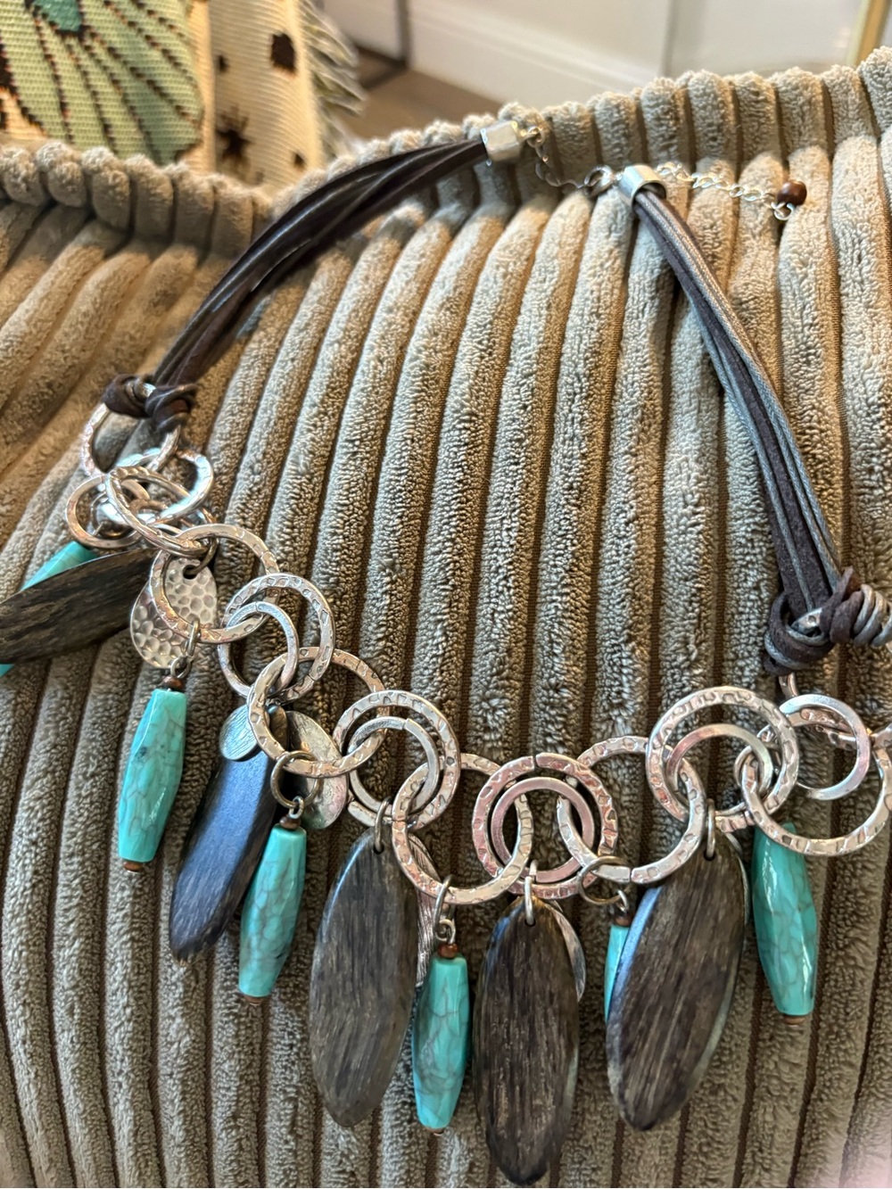 Turquise colored and wood beads hammered silver leather strap statement necklace